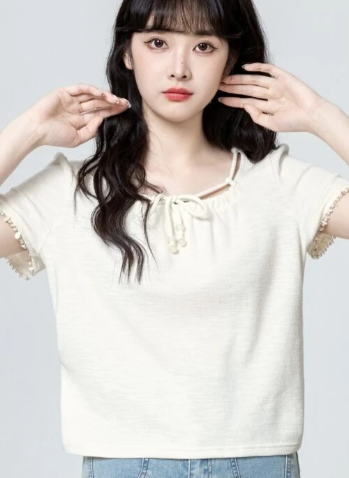 Apricot Square Neck Bow Tie Short Sleeve Top