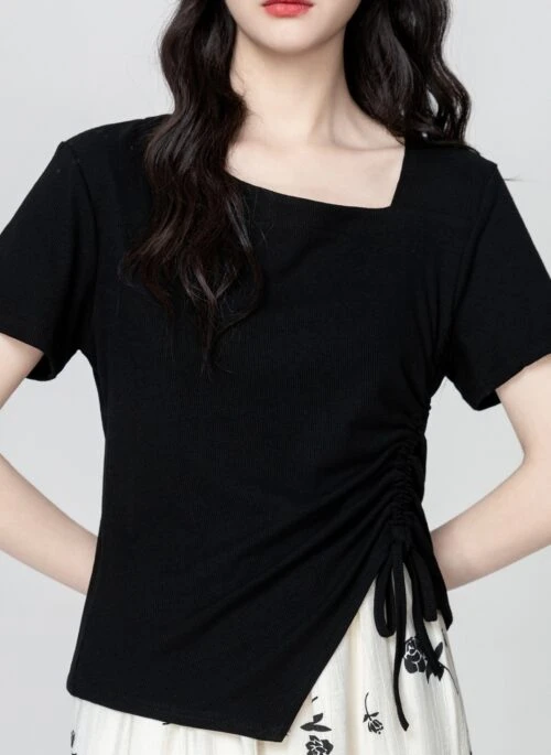 Asymmetrical Hem Ruched Short Sleeve Split Top