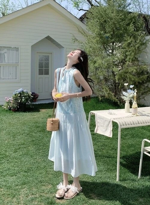 Beautiful Blue Sleeveless Vneck Maxi Dress