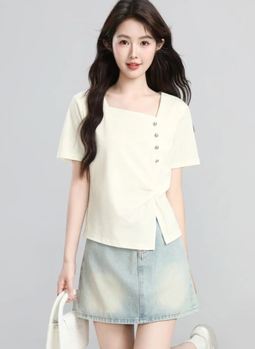 Beige Asymmetrical Hem Split Neck Short Sleeve Top