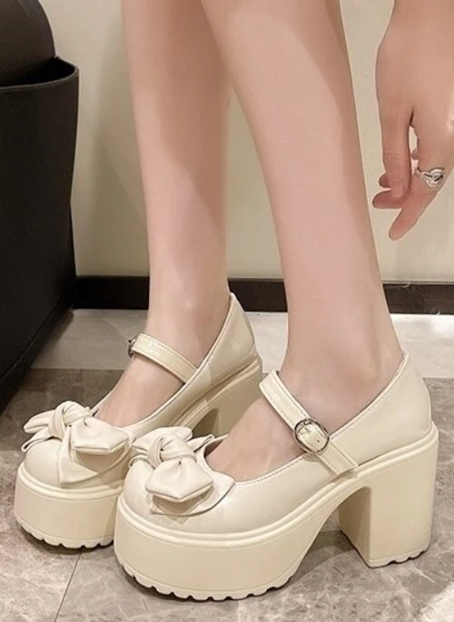 Beige Bow-Accent Platform Heeled Shoes | Hinata - XG