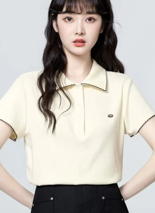 Beige Contrast Collar Short Sleeve Top