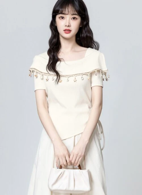 Beige Fringe Square Neck Short Sleeve Top