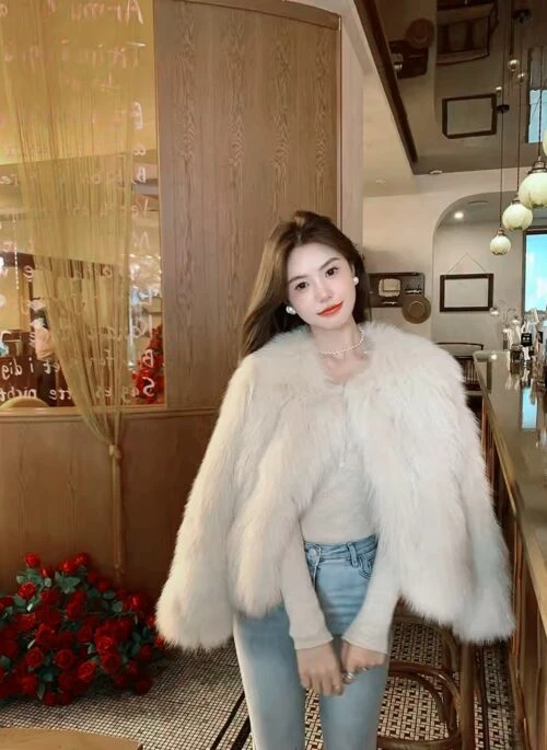 Beige Glam Faux Fur Coat | Somi