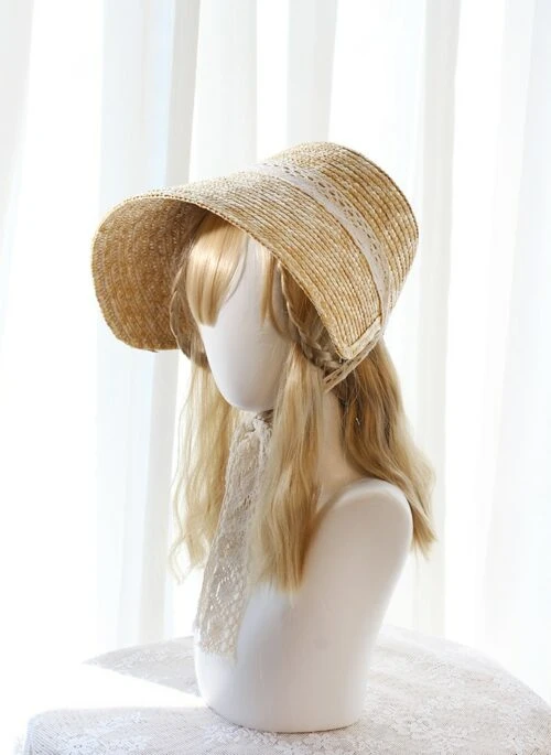 Beige Large Brim Straw Hat With Lace Tie | Chaeyoung – Twice