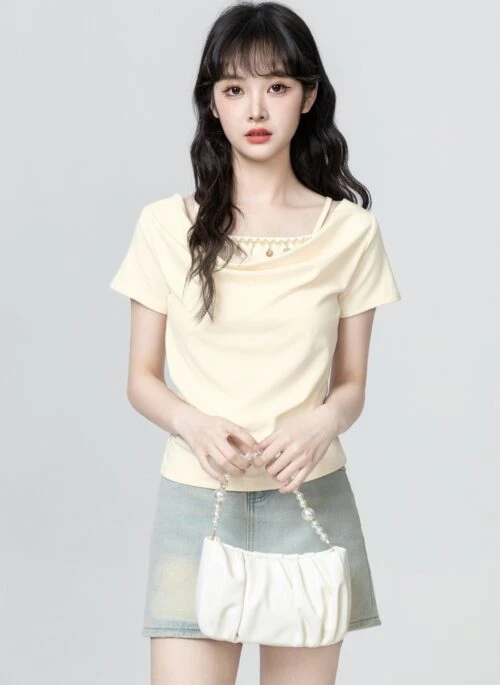 Beige Layered Neckline Short Sleeve Slim Fit Top