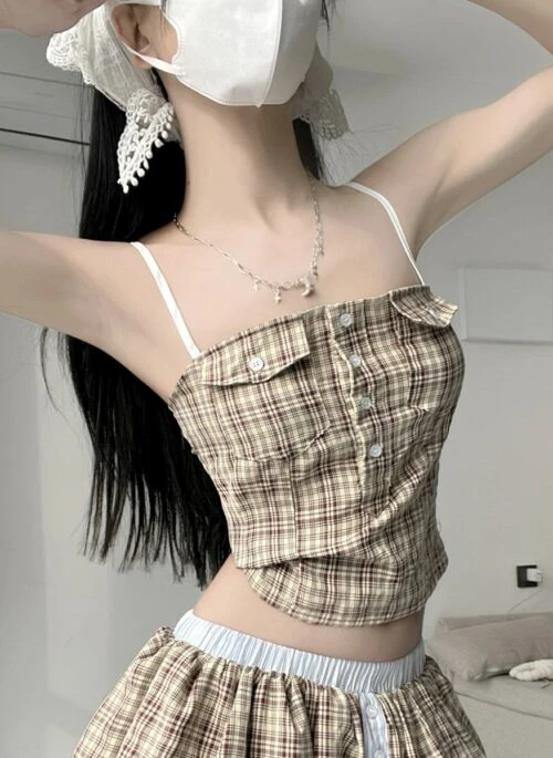 Beige Plaid Button Sling Crop Top | Yuna - ITZY