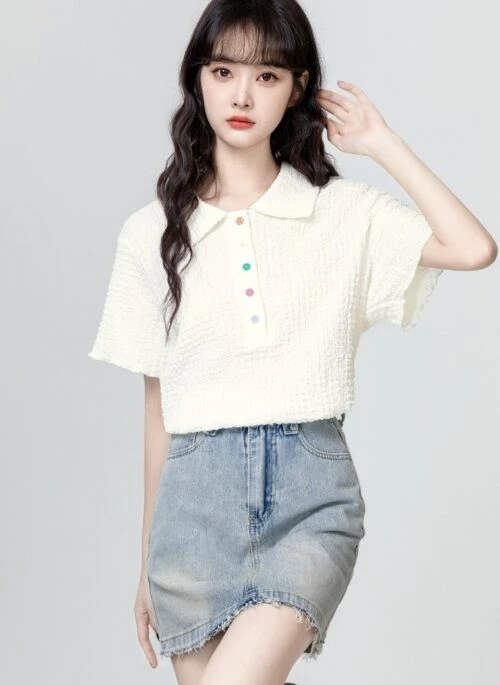 Beige Polo Collar Ruffle Edge Short Sleeve Top