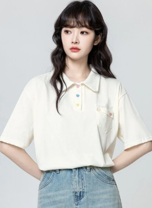 Beige Polo Short Sleeve Designer Top