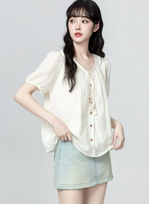 Beige Puff Sleeve Casual Short Sleeve Shirt