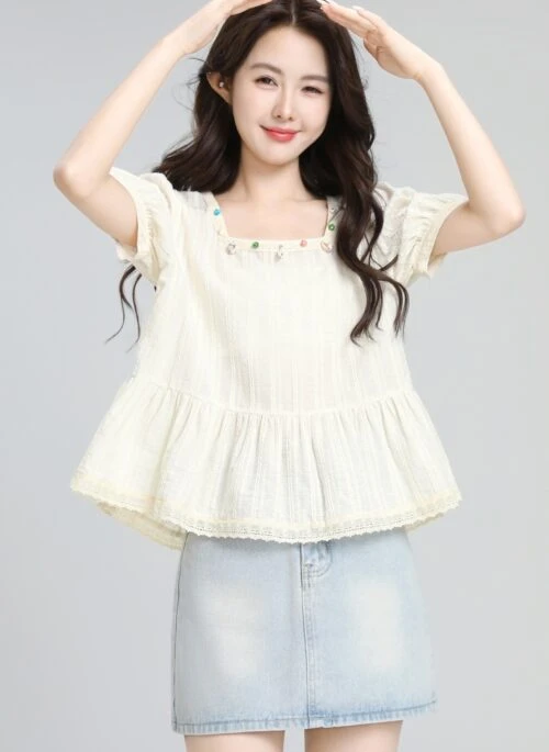 Beige Puff Sleeve French Style Short Sleeve Shirt