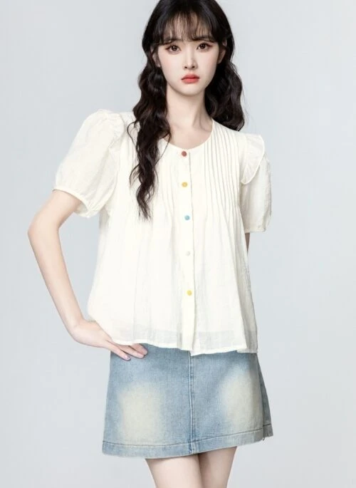 Beige Puff Sleeve Short Blouse With Colorful Buttons