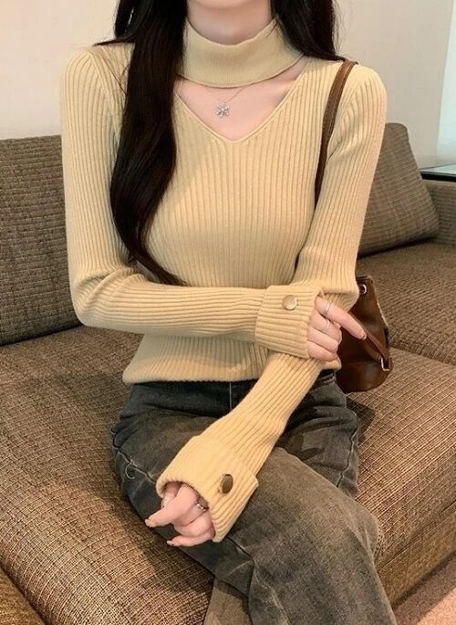 Beige Ribbed Chest Cut-Out Top | Mina – TWICE