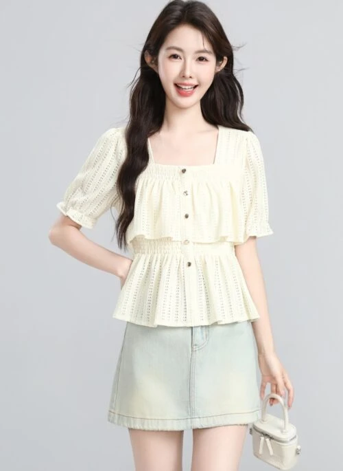 Beige Ruffled Puff Sleeve Short Blouse