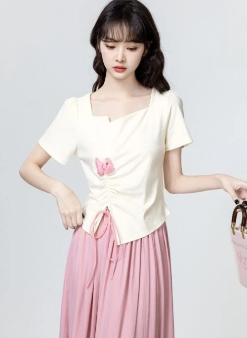 Beige Square Neck Ruched Waist Short Sleeve Top