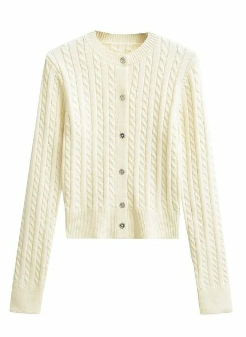 Beige Twist Knit Button-Up Cardigan | Chaeyoung – TWICE