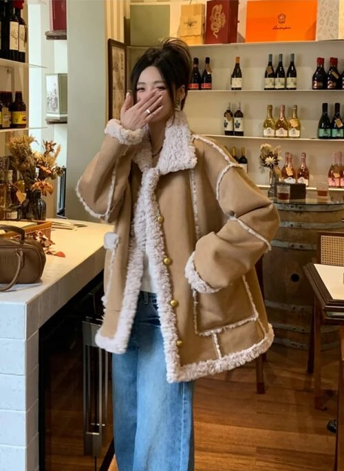 Beige Winter Fur Suede Coat | Ji Kang Hee – Motel California