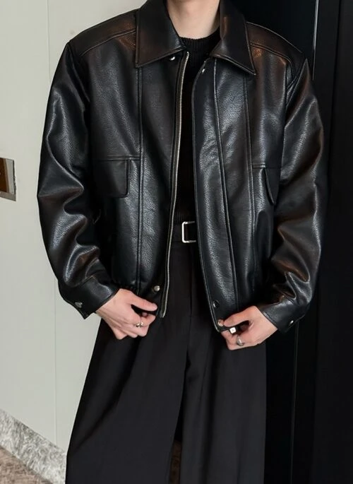 Black Biker Leather Zip-Up Jacket | Jungwon – Enhypen