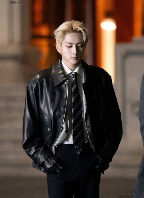 Black Biker Leather Zip-Up Jacket | Jungwon – Enhypen