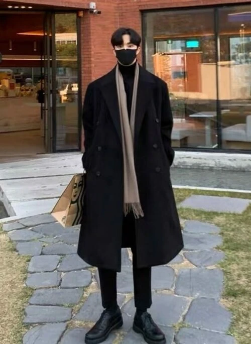 Black Double-Breasted  Woolen Long Coat | Felix – Stray Kids