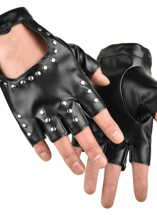 Black Faux Leather Rivetted Half-Finger Gloves | Irene – Red Velvet