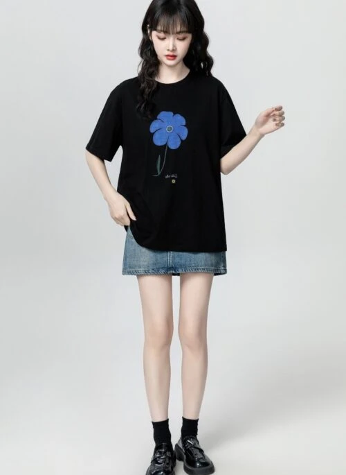 Black Floral Print Casual Short Sleeve T Shirt