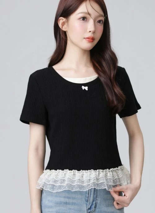 Black Lace Bow Accent Short Sleeve Top