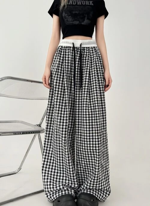 Black Linen Cotton Plaid Drawstring Wideleg Pants