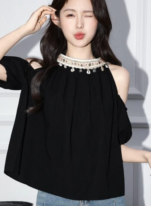 Black Offshoulder Halter Loose Shirt Design
