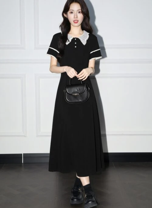 Black Polo Collar Short Sleeve French A Line Dress