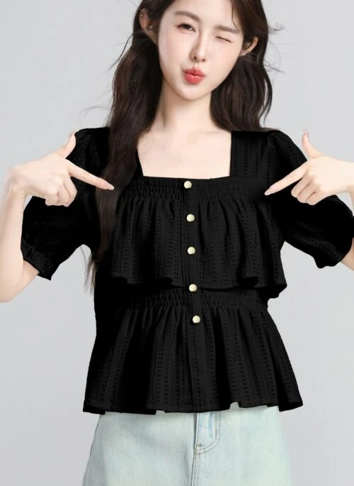 Black Puff Sleeve Square Neck Short Blouse