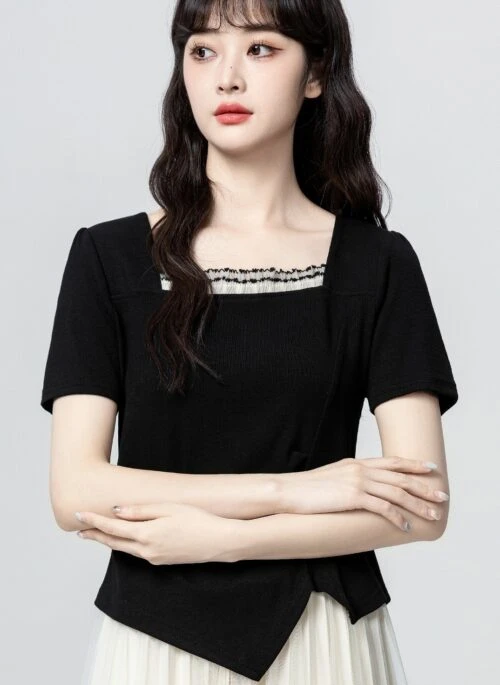 Black Ruched Asymmetrical Short Sleeve Top