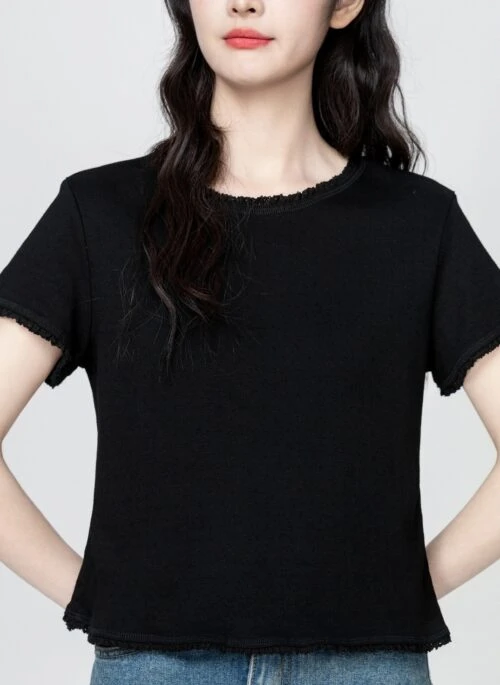 Black Ruffle Trim Short Sleeve Casual Top