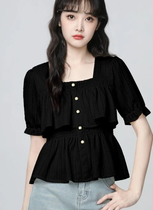 Black Ruffled Lace Square Neck Short Sleeve Blouse