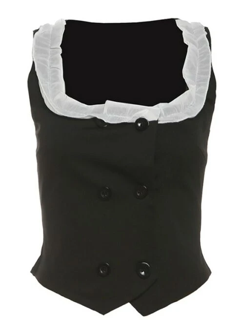 Black Ruffled Neckline Double-Breasted Vest | Jennie - BlackPink