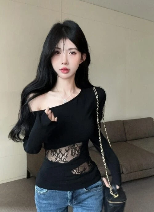Black See-Through Lace Patches One Shoulder Top | Natty – Kiss Of Life
