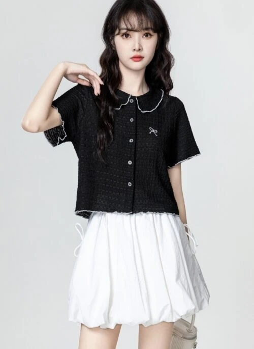 Black Short Sleeve Embroidered Bow Blouse