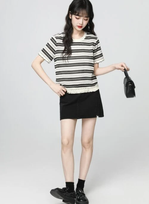 Black Striped Knit Contrast Short Sleeve Top