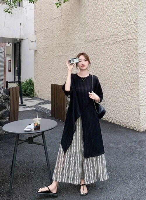 Black Striped Loose Split Cover Up Wide Leg Pants Set