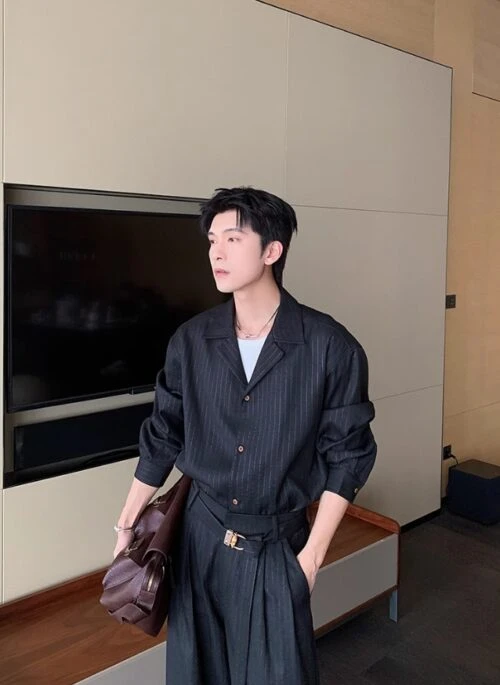 Black Striped Loose Suit Shirt | Sunghoon – Enhypen