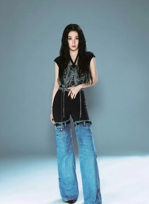 Blue And Black Buckled Jeans Illusion Pants | Irene – Red Velvet