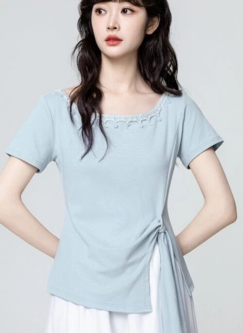 Blue Asymmetrical Split Tie Short Sleeve Top