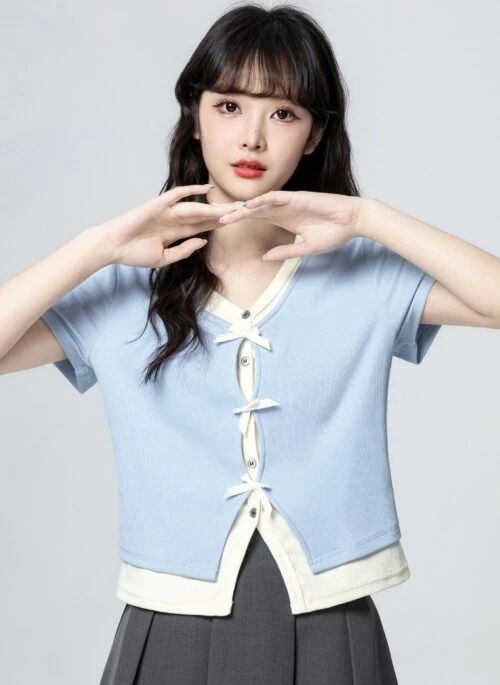 Blue Bow Vneck Short Sleeve Top