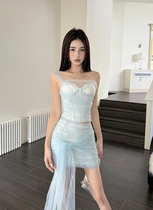 Blue Bustier Mesh Corset Top | Yuqi – (G)I-DLE