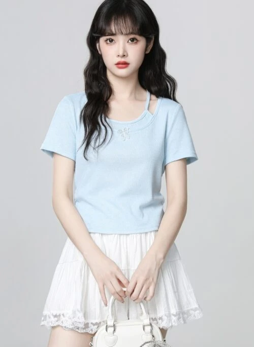 Blue Butterfly Layered Short Sleeve Crop Top
