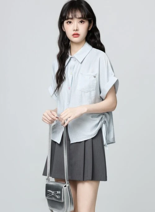 Blue Drawstring Waist Polo Collar Short Sleeve Shirt