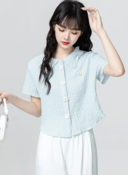 Blue Floral Embroidered Polo Collar Short Sleeve Shirt