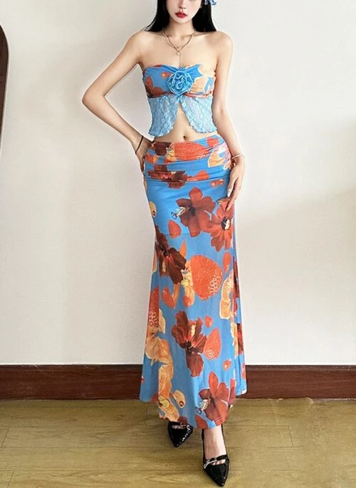 Blue Floral Print Long Skirt | Rose - BlackPink