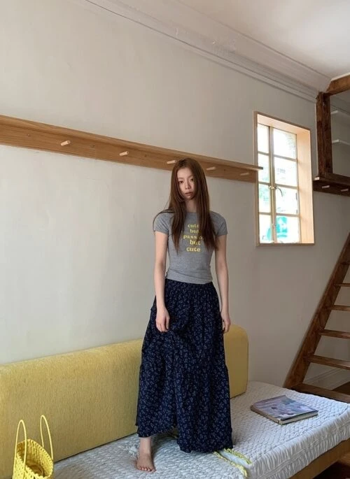 Blue Floral Tiered Midi Skirt Summer Style