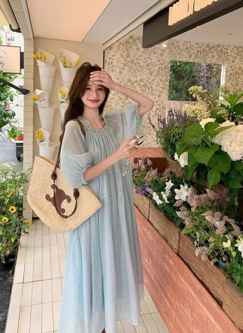 Blue French Romantic Chiffon Holiday Maxi Dress